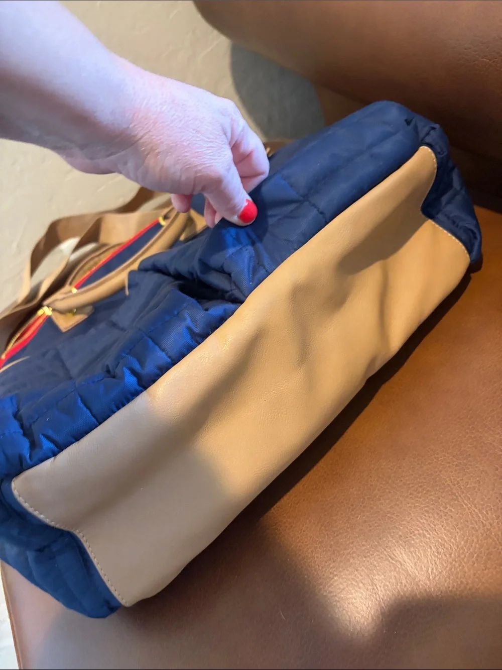 JoJo Maman Bebe Navy Quilted Tote with Beige Straps and Red Zip Accent